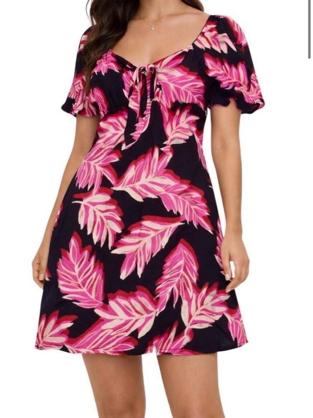 Who What Wear Navy Mini Dress with Pink Leaf Print